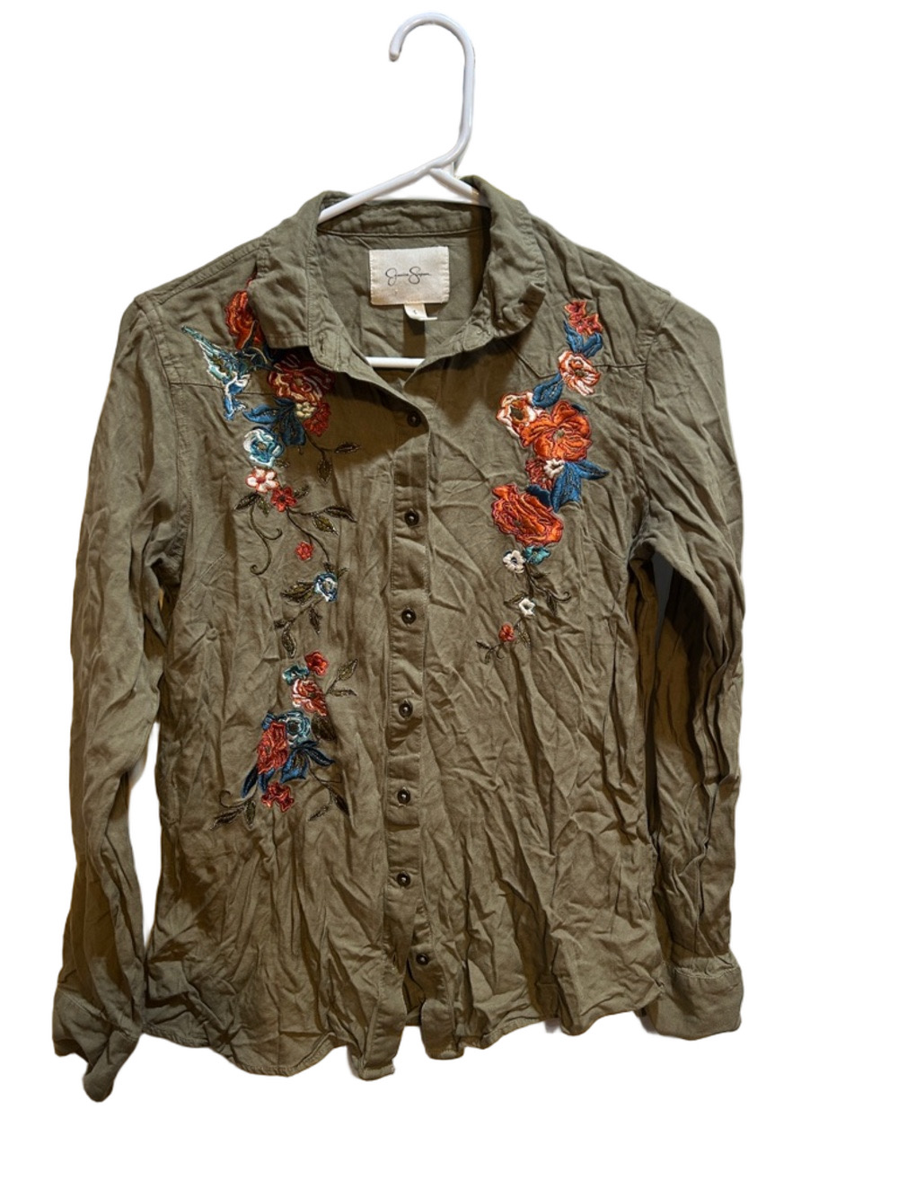 🐕🦺Jessica Simpson Green Embroidered Button-Up Shirt Floral Accents size S GUC